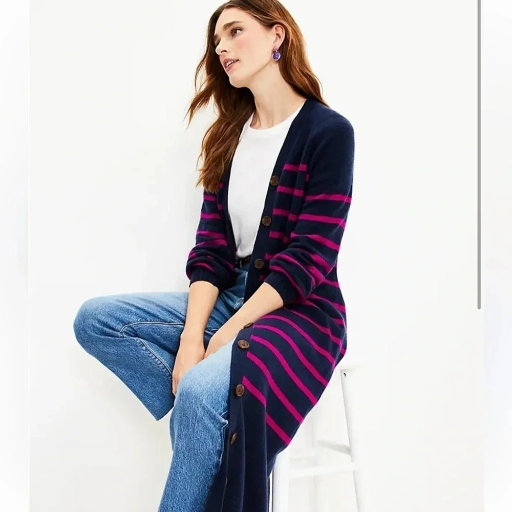 NEW ANN TAYLOR LOFT NAVY BLUE PINK STRIPED LONGLINE CARDIGAN SWEATER MIDI DRESS - Picture 3 of 15